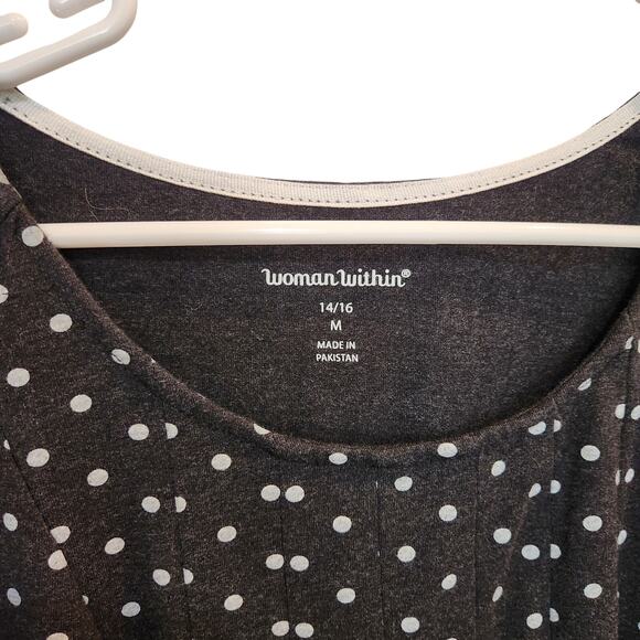 Woman Within Black Polka Dots Pleated Long Sleeve Tunic Blouse Top Size XL 14/16 - Picture 3 of 6